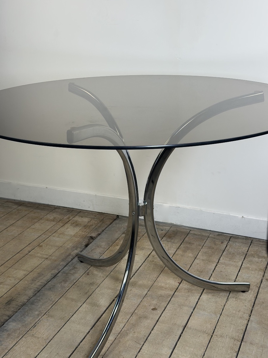 Vintage 1970s Round Metal And Smoked Glass Table-photo-6