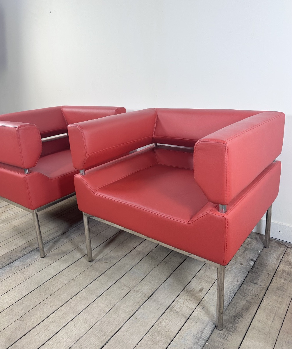 Armchairs (pair) In Red Leatherette And Chrome Aluminum, Vintage 1980s-photo-3