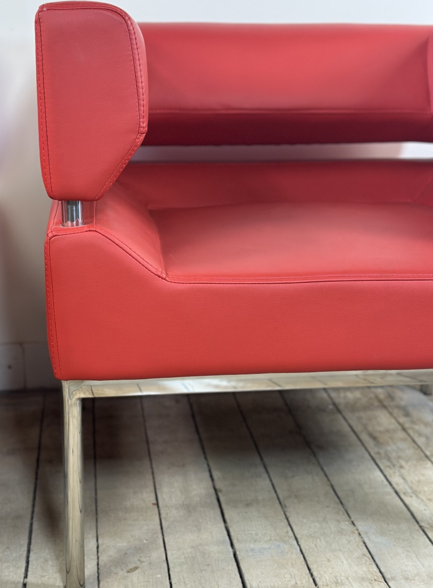Armchairs (pair) In Red Leatherette And Chrome Aluminum, Vintage 1980s-photo-4