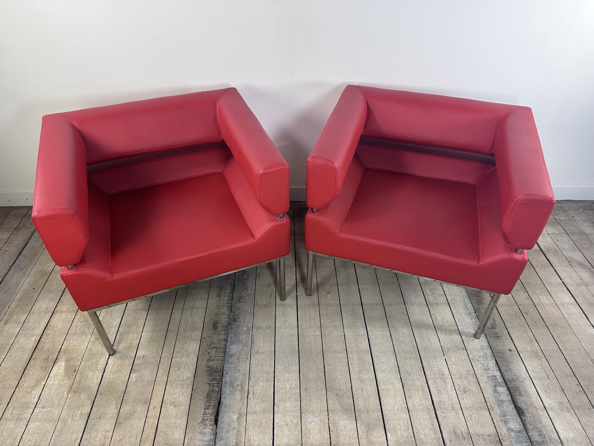 Armchairs (pair) In Red Leatherette And Chrome Aluminum, Vintage 1980s-photo-1