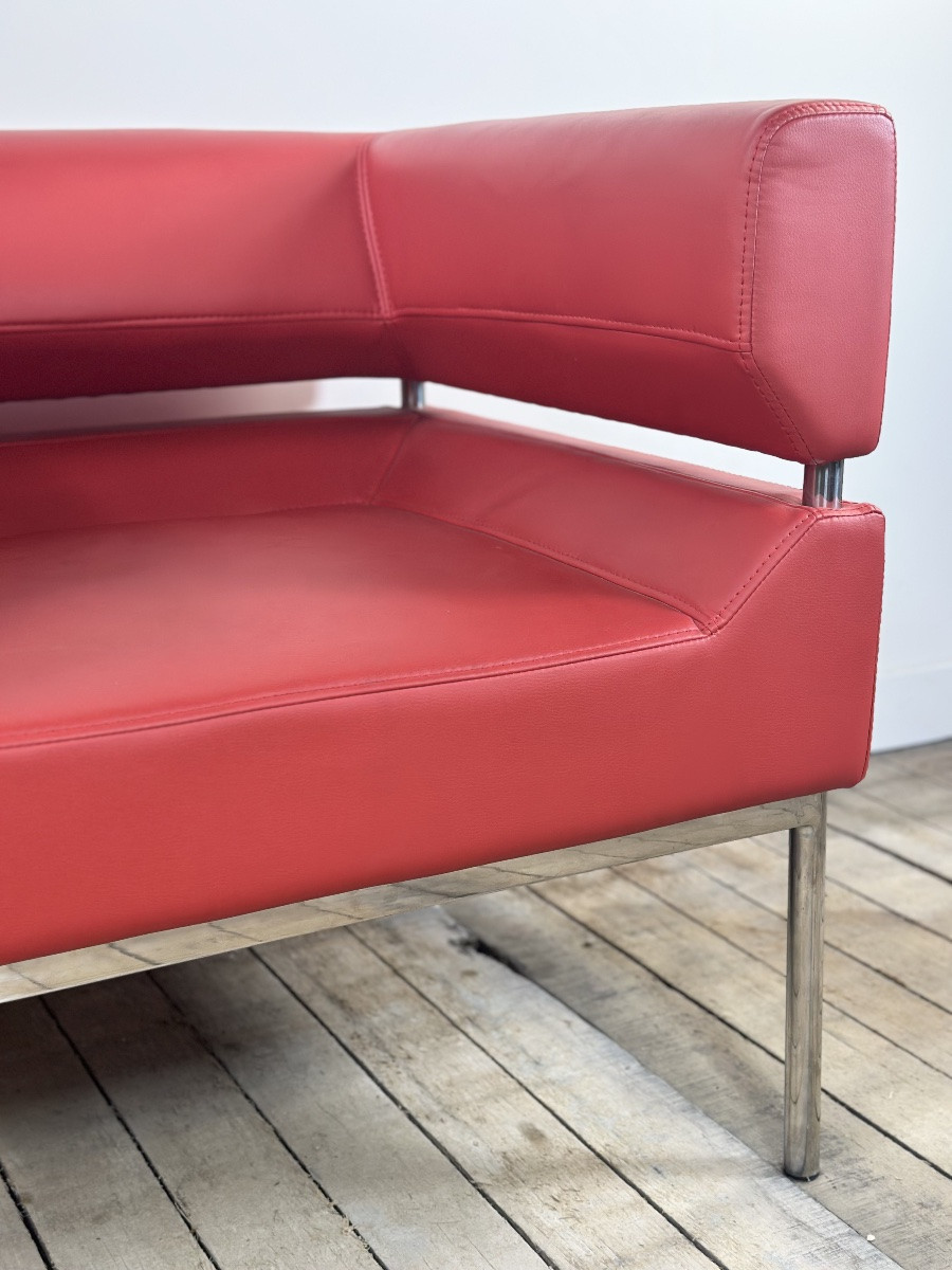 Armchairs (pair) In Red Leatherette And Chrome Aluminum, Vintage 1980s-photo-3
