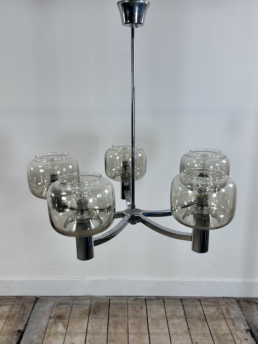 Vintage 70's Chrome Metal Chandelier By Gaetano Sciolari-photo-1