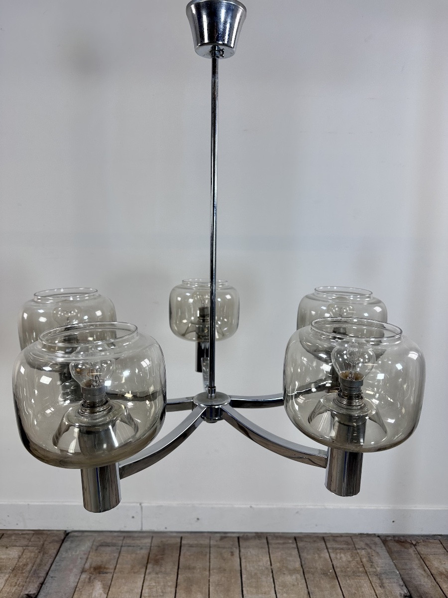 Vintage 70's Chrome Metal Chandelier By Gaetano Sciolari-photo-5