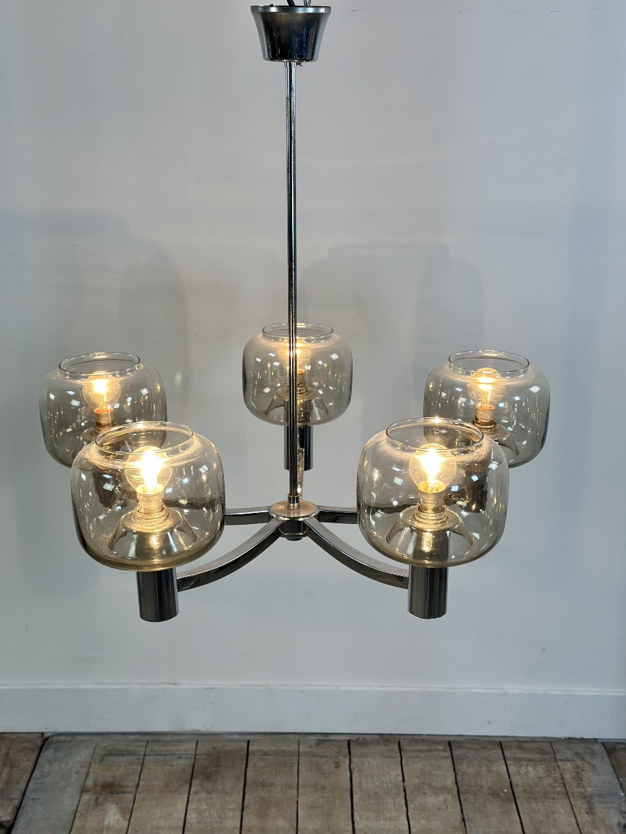 Vintage 70's Chrome Metal Chandelier By Gaetano Sciolari