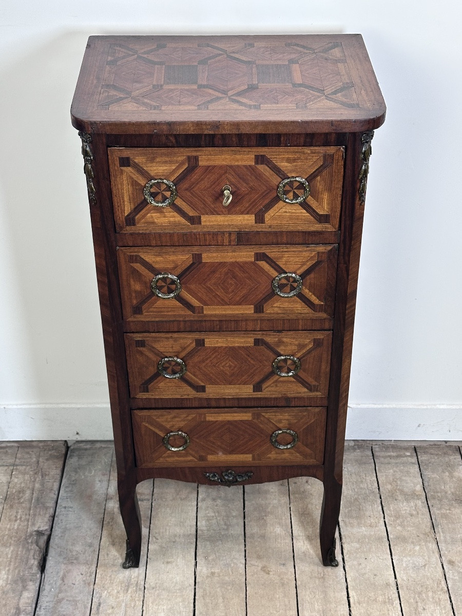 Chiffonnier /meuble de rangement de style Louis XV en marqueterie-photo-5