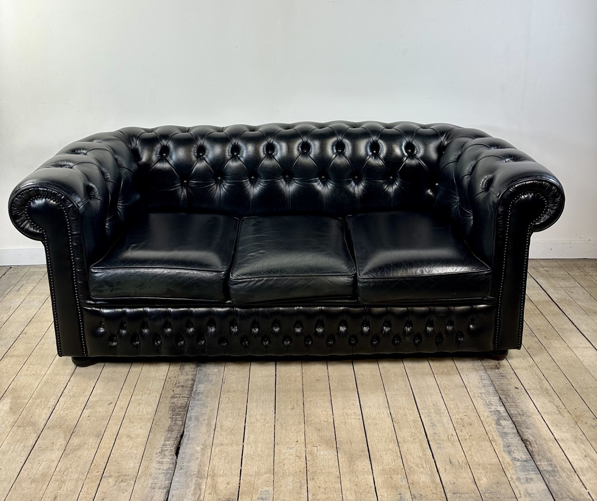 Vintage 1980s Chesterfield Sofa In Black Leather