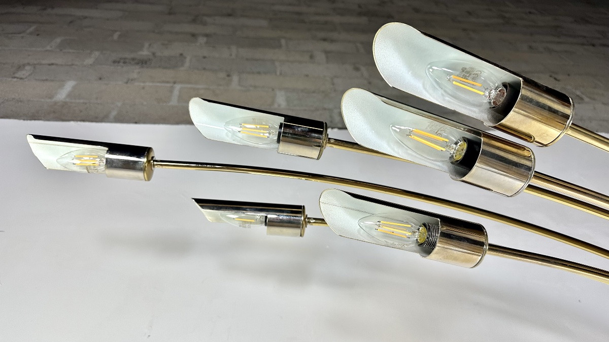 Lampadaire Arc italien 6 lumières en laiton doré 1970'S-photo-4