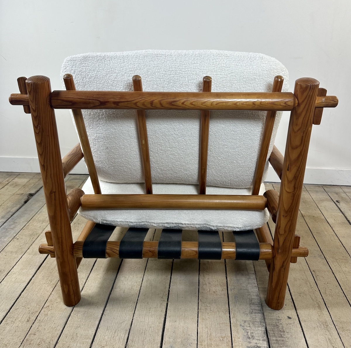 Fauteuil Lounge Vintage Pin Massif 1970 Tissu Bouclé Écru-photo-3