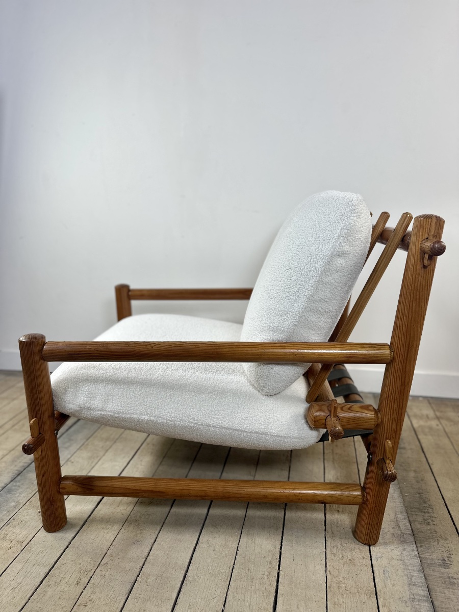 Fauteuil Lounge Vintage Pin Massif 1970 Tissu Bouclé Écru-photo-4
