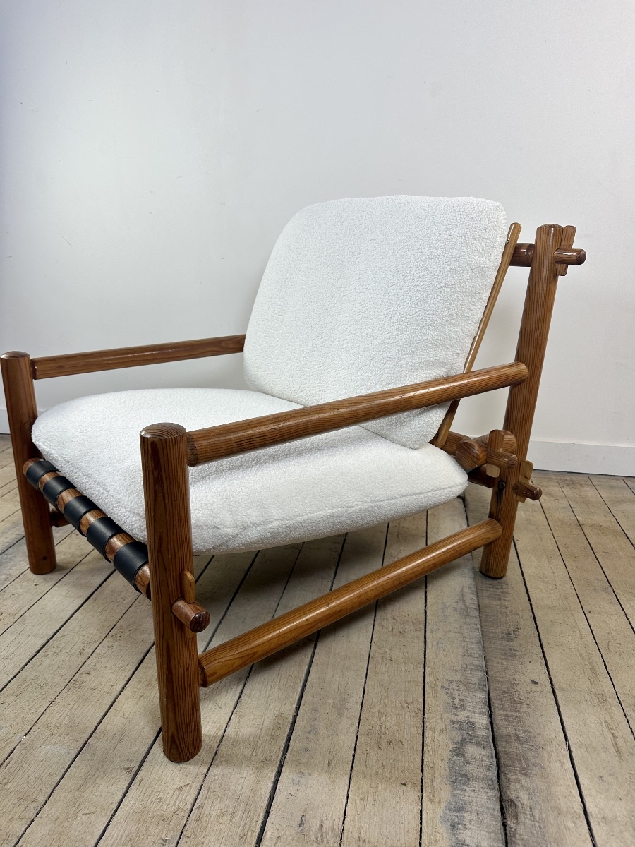 Fauteuil Lounge Vintage Pin Massif 1970 Tissu Bouclé Écru-photo-2