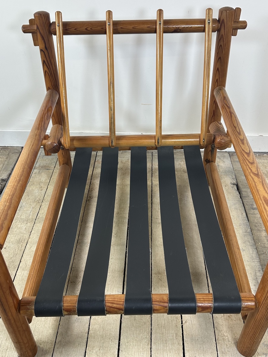 Fauteuil Lounge Vintage Pin Massif 1970 Tissu Bouclé Écru-photo-5