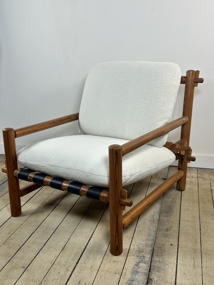 Fauteuil Lounge Vintage Pin Massif 1970 Tissu Bouclé Écru