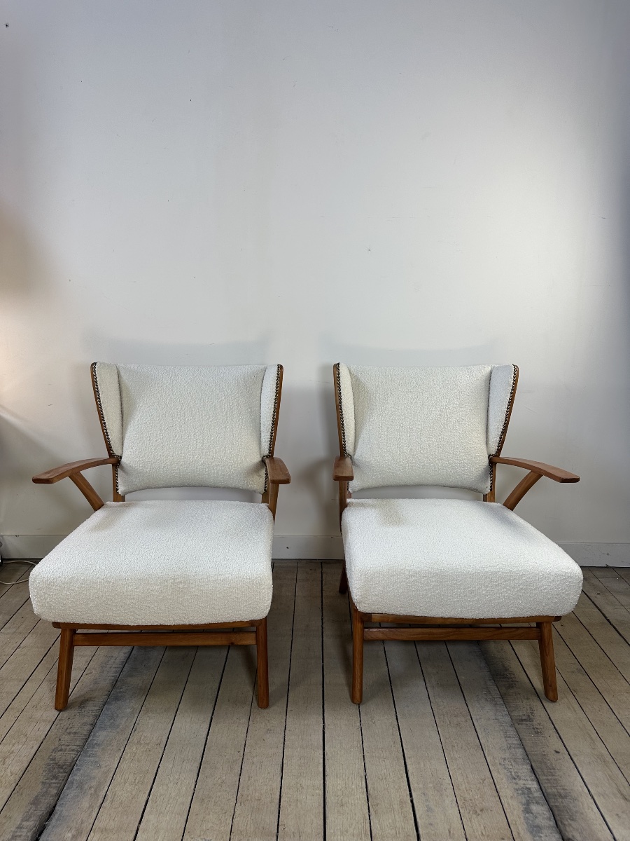 Armchairs (pair) Made Of Wood And Bouclé Fabric, 1950s-photo-4