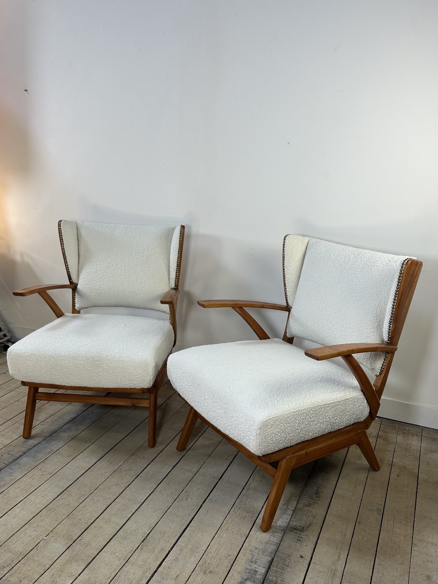 Armchairs (pair) Made Of Wood And Bouclé Fabric, 1950s
