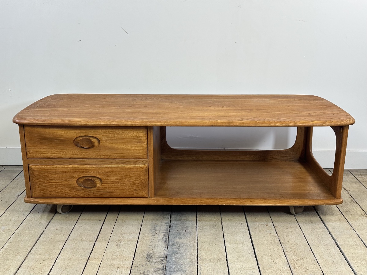 Ercol Minerva 1980s Solid Elm Coffee Table / Storage Unit-photo-4
