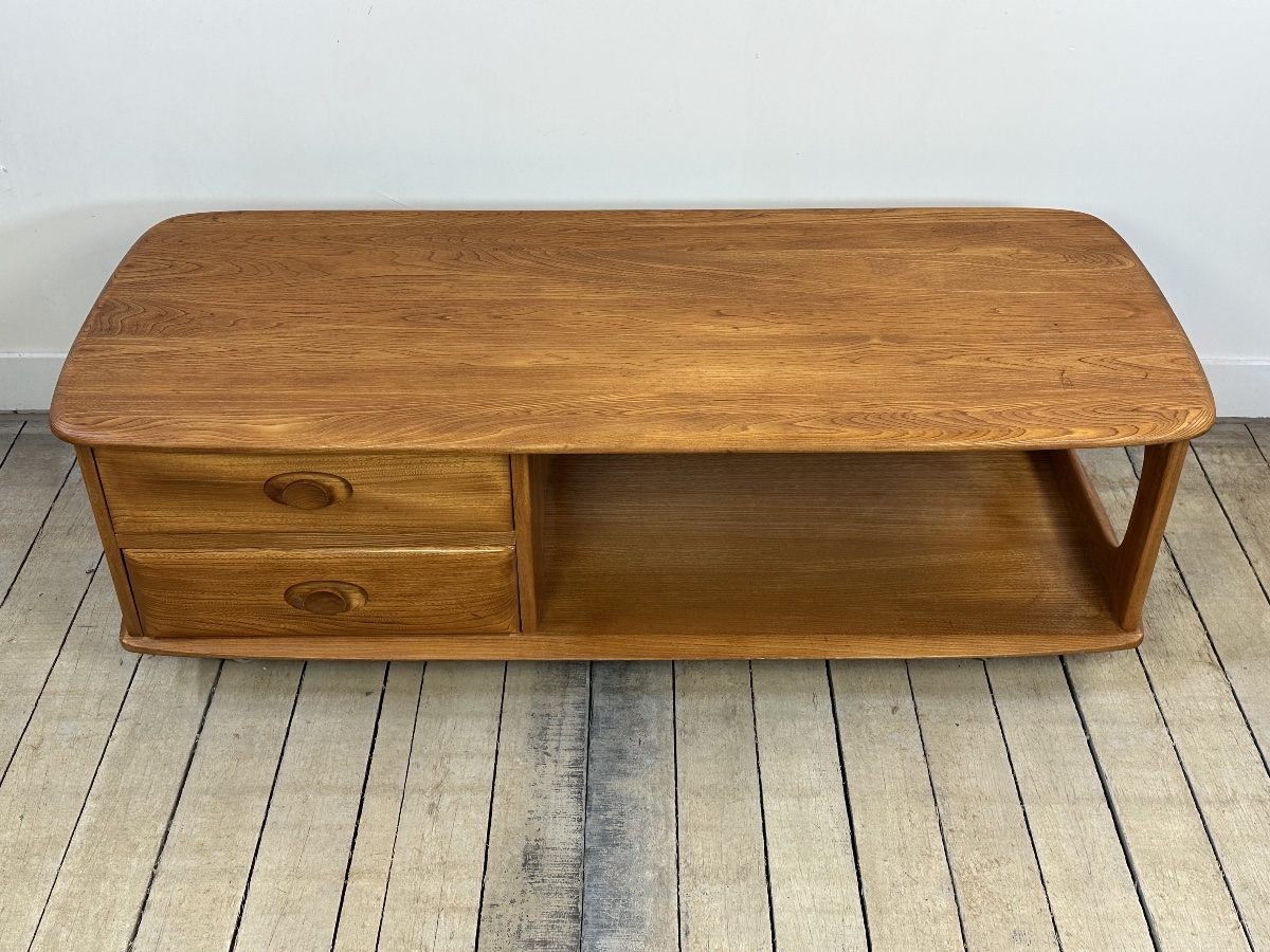 Ercol Minerva 1980s Solid Elm Coffee Table / Storage Unit-photo-4