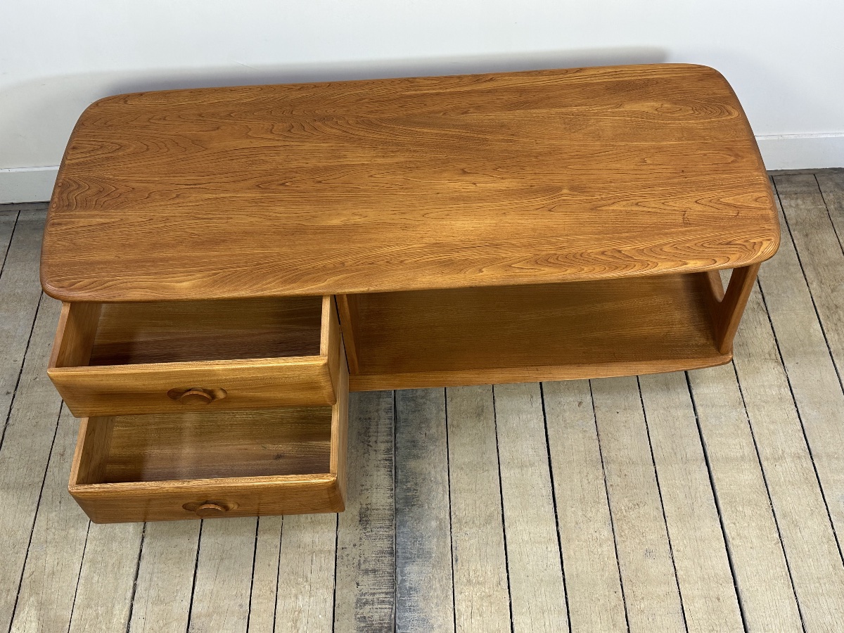 Ercol Minerva 1980s Solid Elm Coffee Table / Storage Unit-photo-5