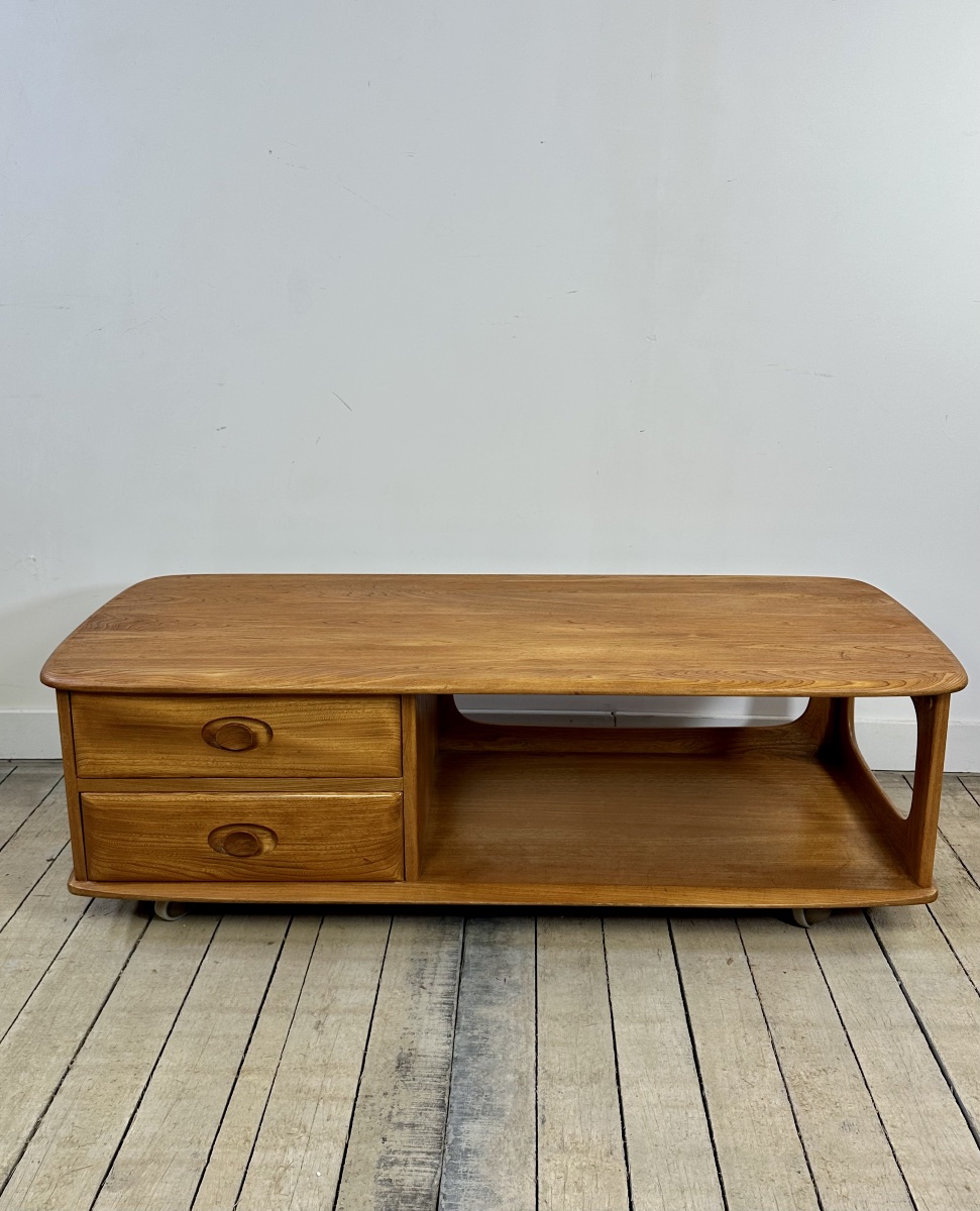 Ercol Minerva 1980s Solid Elm Coffee Table / Storage Unit