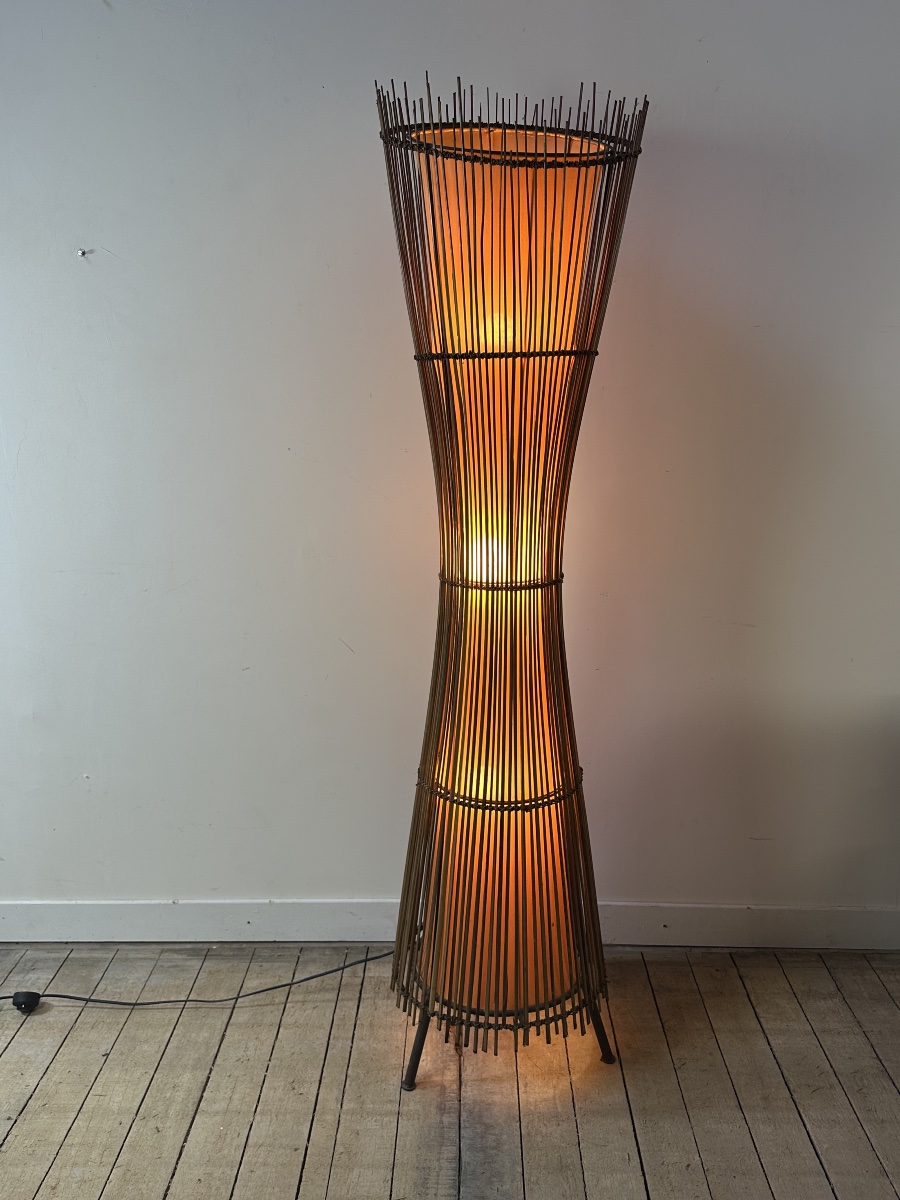 Kobe Floor Lamp, Metal And Rattan, 1990s, Height 170 Cm-photo-4