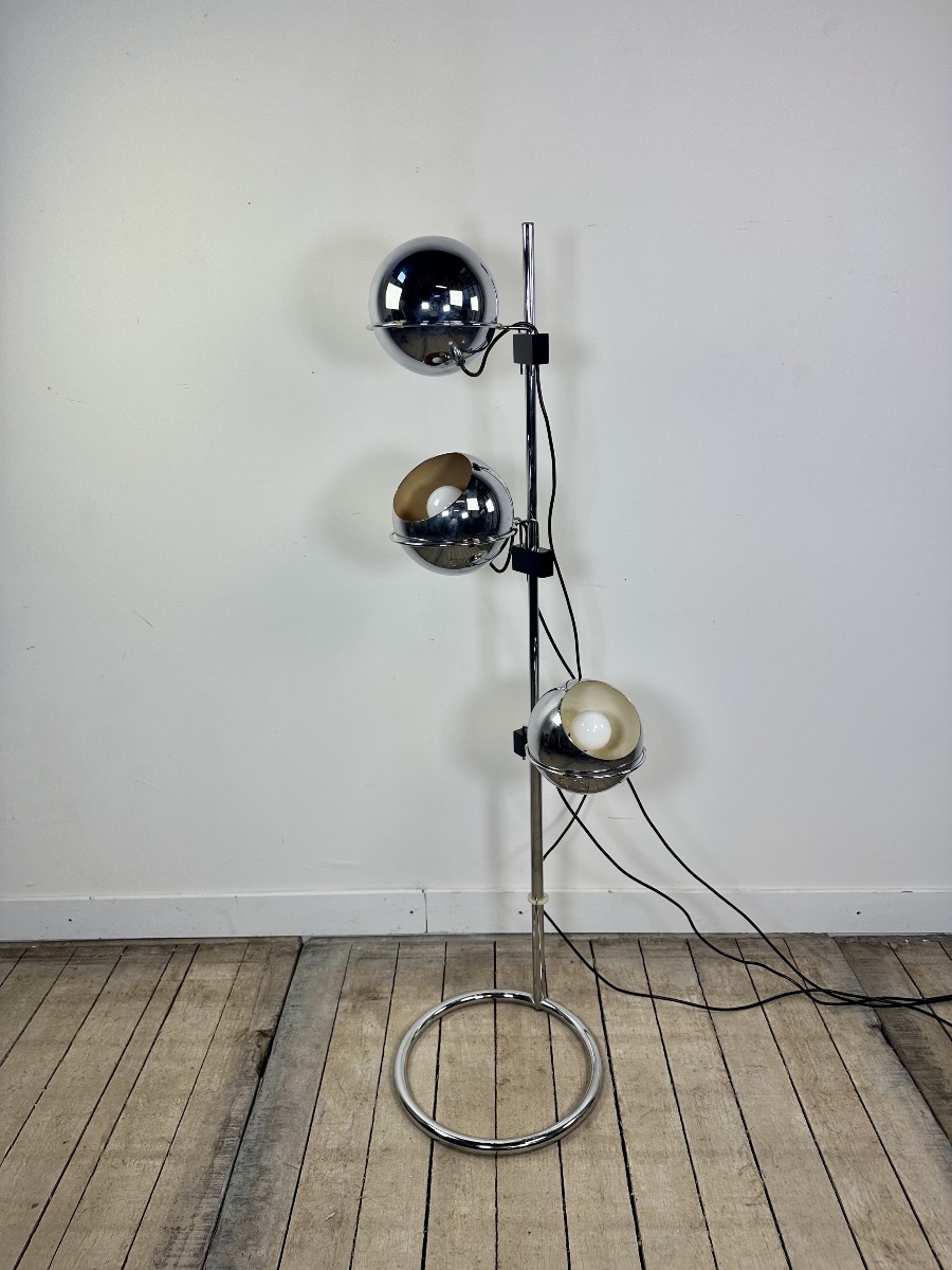 Lampadaire Vintage Space Age "Eyeball" 3 Globes Chromés 1970'S-photo-2