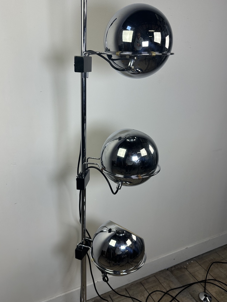 Lampadaire Vintage Space Age "Eyeball" 3 Globes Chromés 1970'S-photo-6