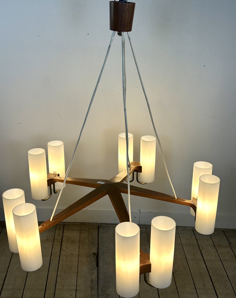 Scandinavian Chandelier By östen Kristiansson For Luxus Sweden – 10 Lights – 1960s