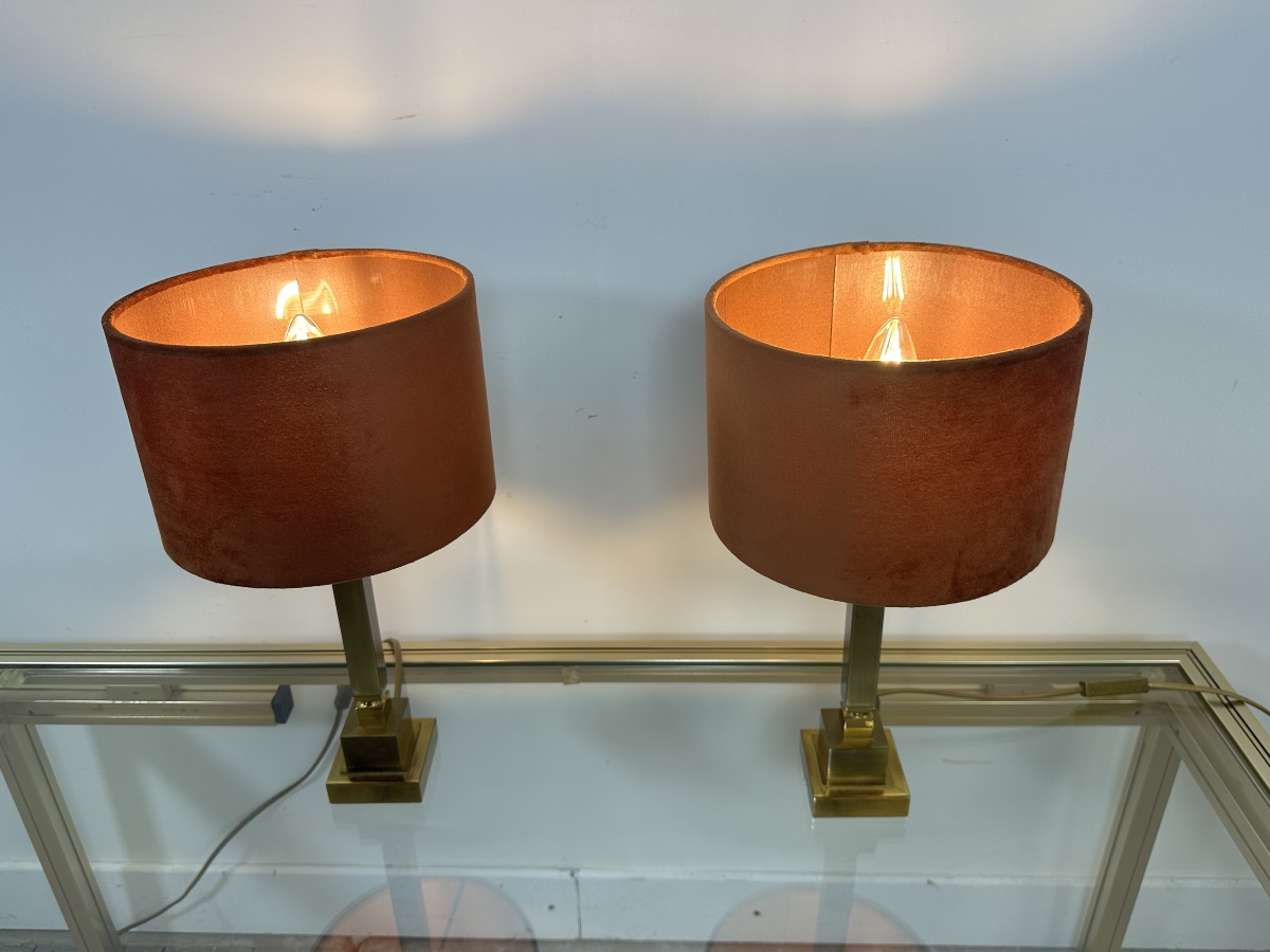 Paire de lampes vintage 70'S en bronze et laiton-photo-2
