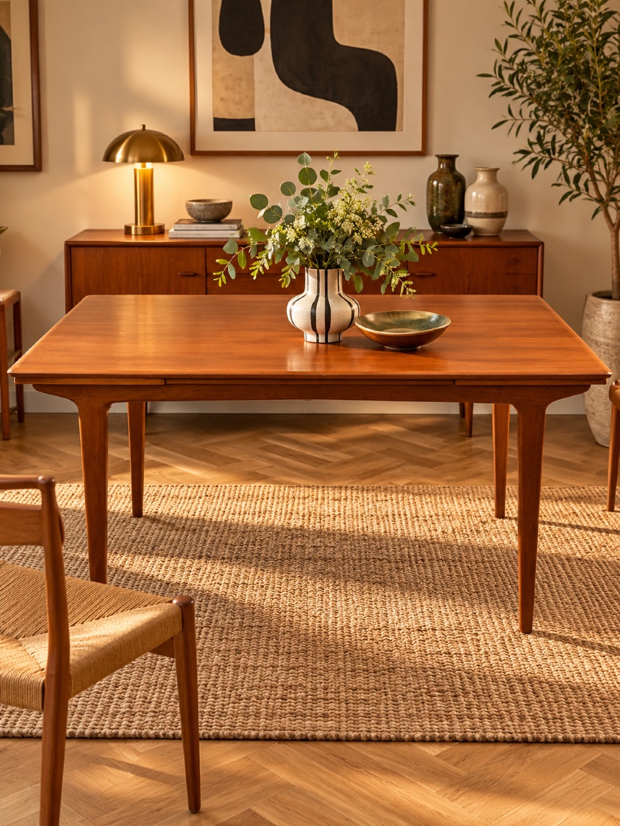 Table à manger scandinave vintage en teck 1970'S – 2 allonges intégrées-photo-2