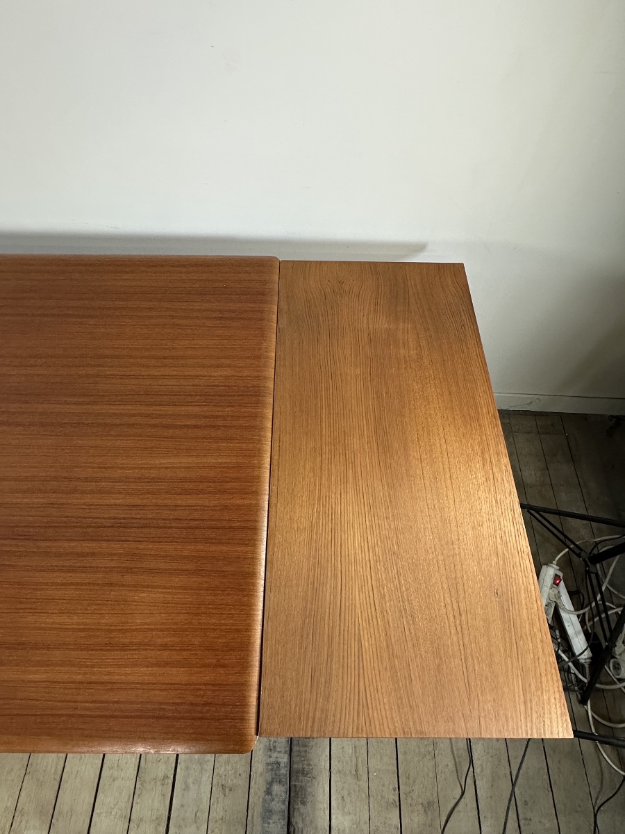 Table à manger scandinave vintage en teck 1970'S – 2 allonges intégrées-photo-2