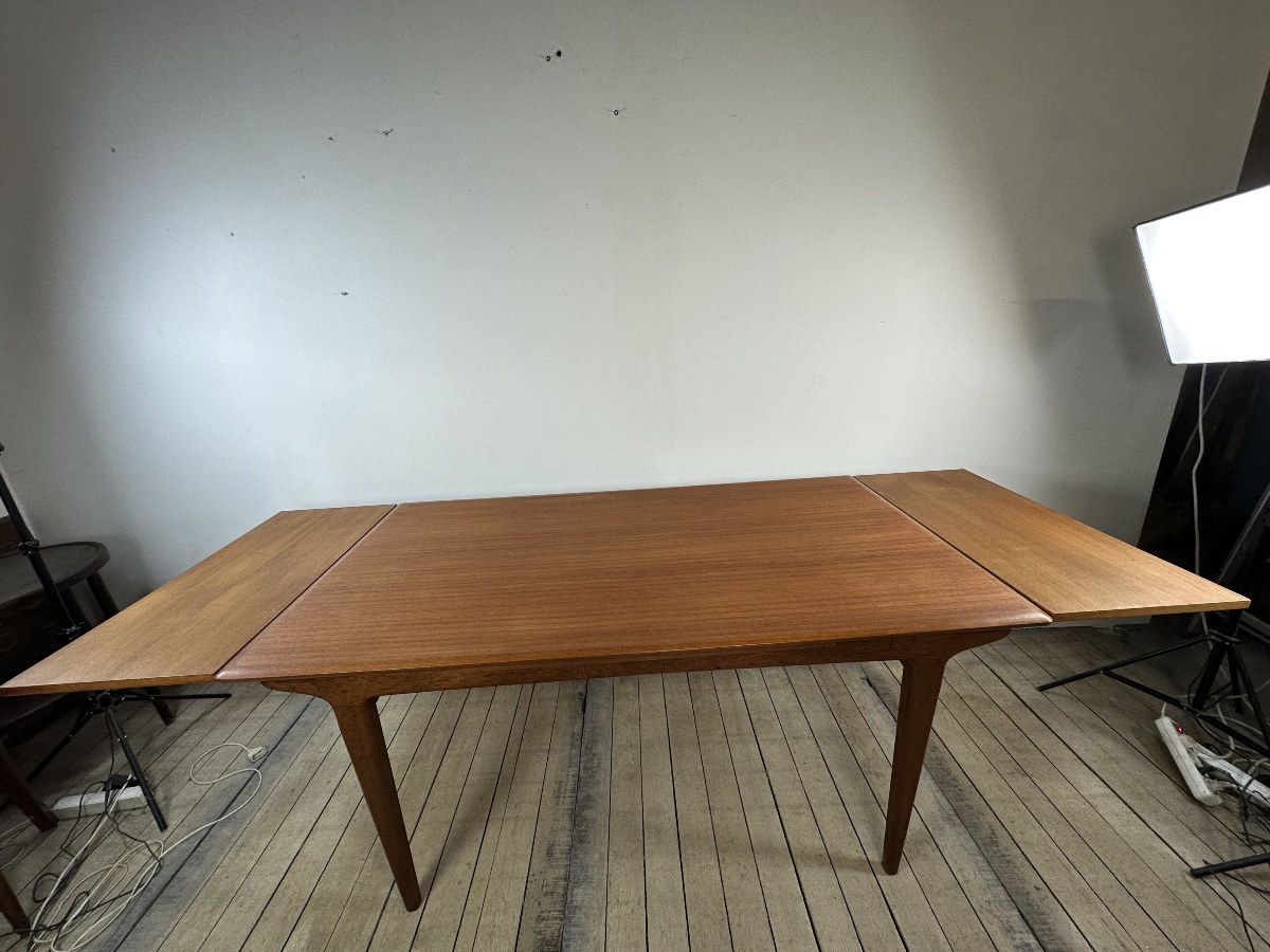 Table à manger scandinave vintage en teck 1970'S – 2 allonges intégrées-photo-5