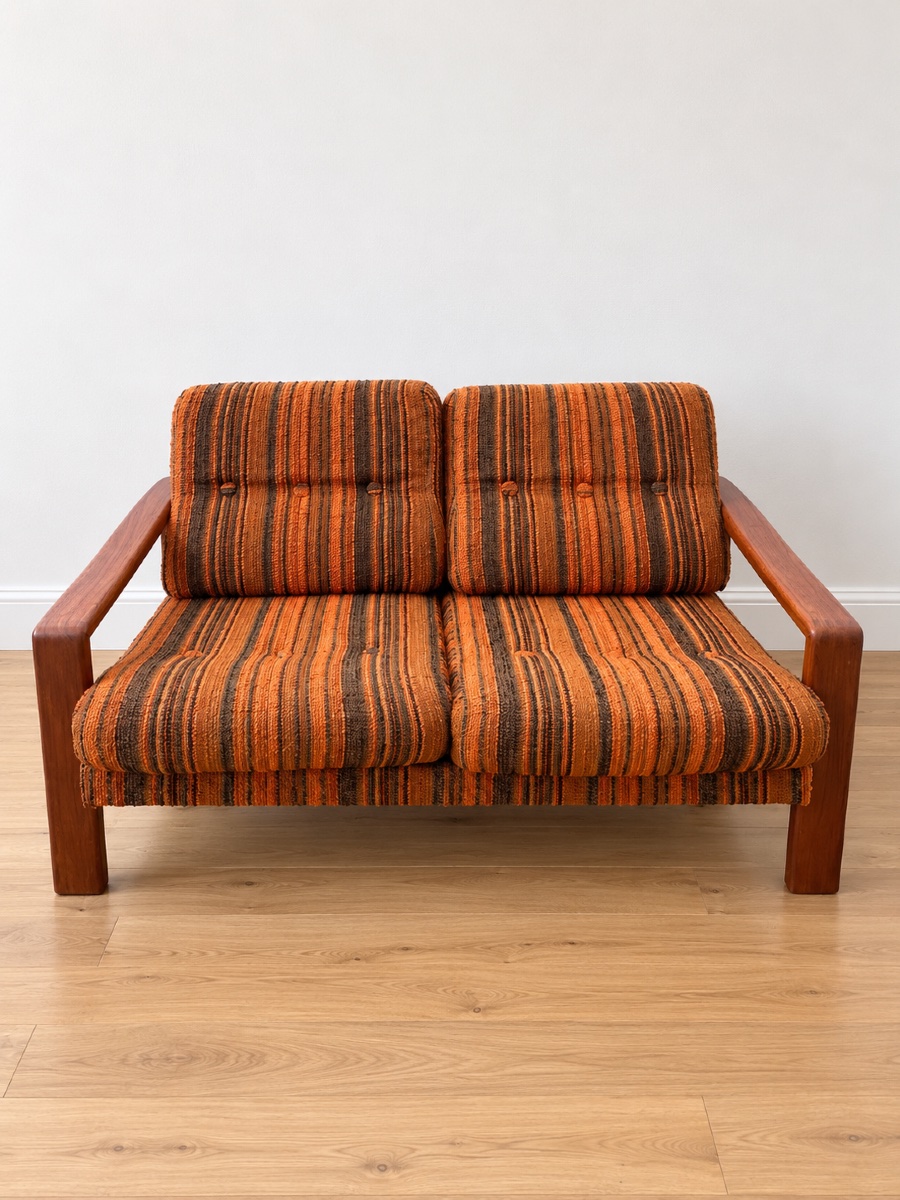 Salon scandinave vintage années 1970 canapé 2 places et fauteuils teck et tissus-photo-3
