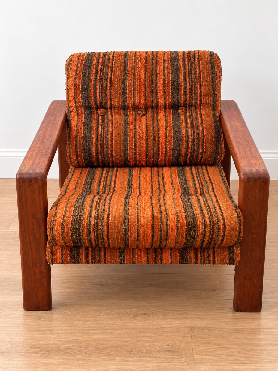 Salon scandinave vintage années 1970 canapé 2 places et fauteuils teck et tissus-photo-4