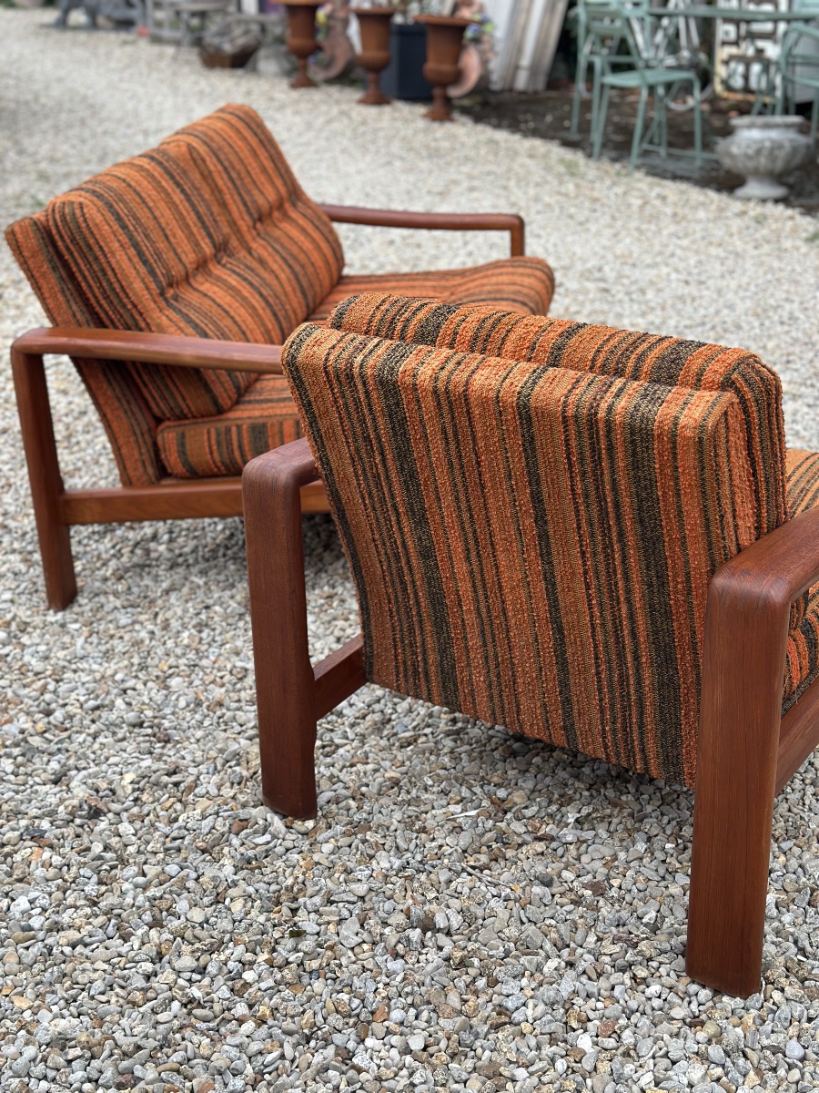 Salon scandinave vintage années 1970 canapé 2 places et fauteuils teck et tissus-photo-3