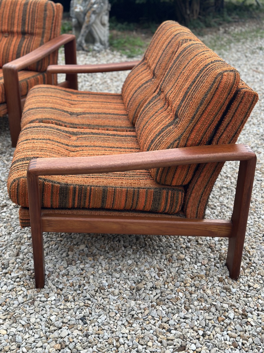 Salon scandinave vintage années 1970 canapé 2 places et fauteuils teck et tissus-photo-4