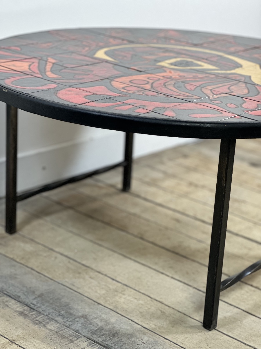 Table basse ronde vintage en céramique graphique rouge et jaune 1960'S-photo-4
