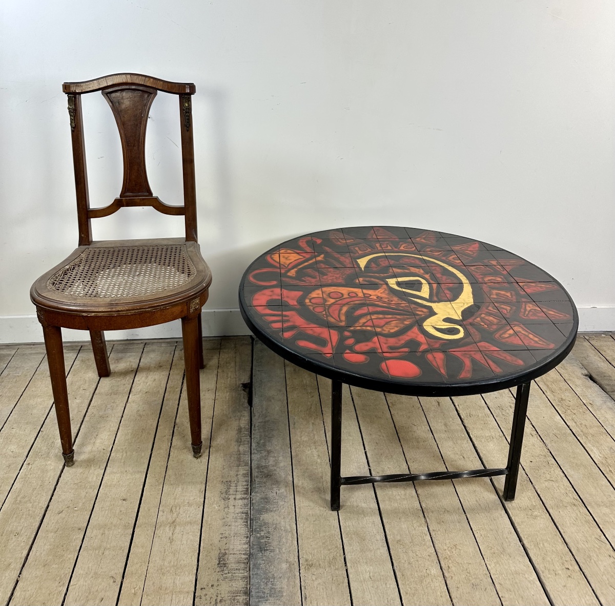 Table basse ronde vintage en céramique graphique rouge et jaune 1960'S-photo-6