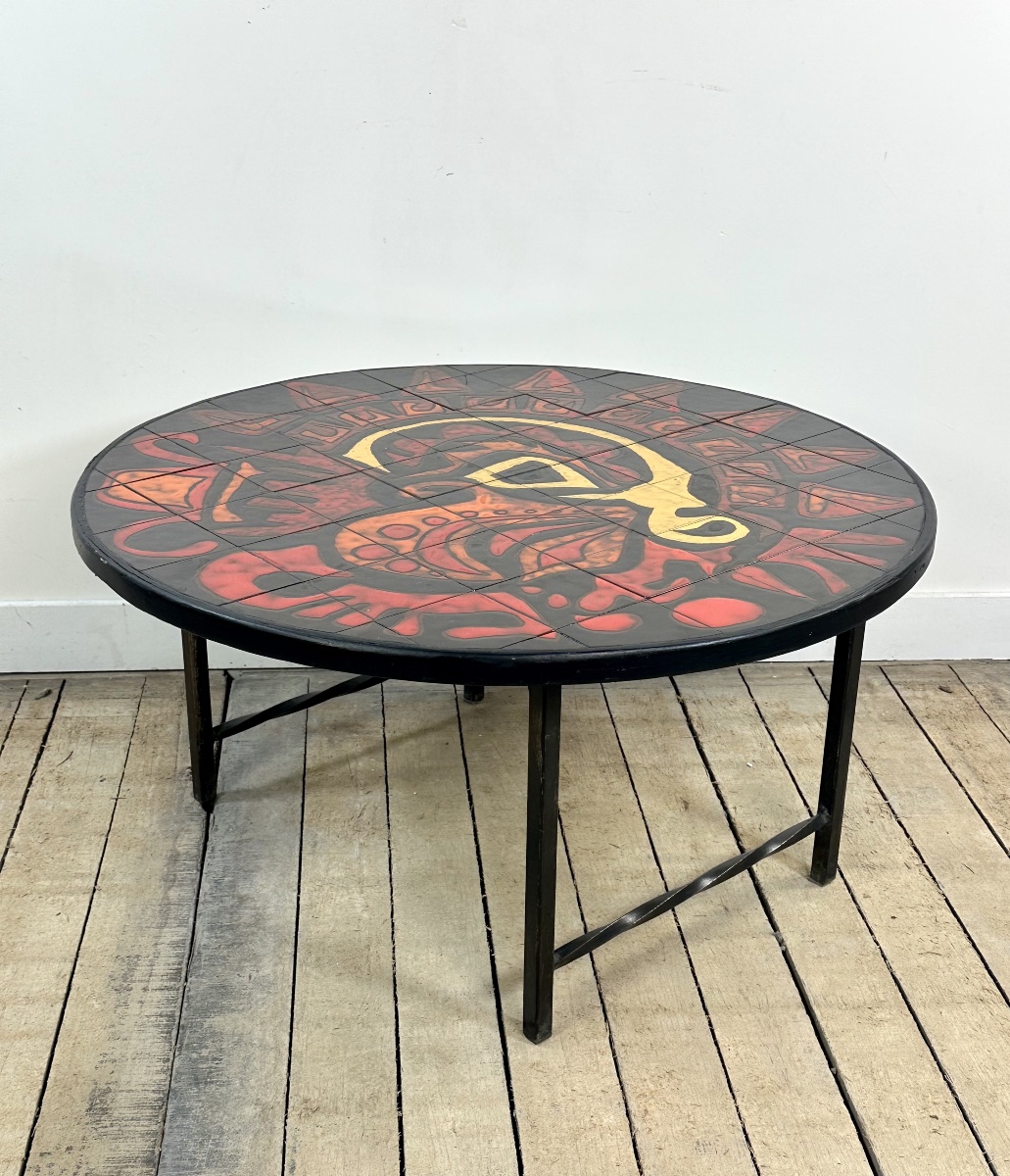 Table basse ronde vintage en céramique graphique rouge et jaune 1960'S-photo-2