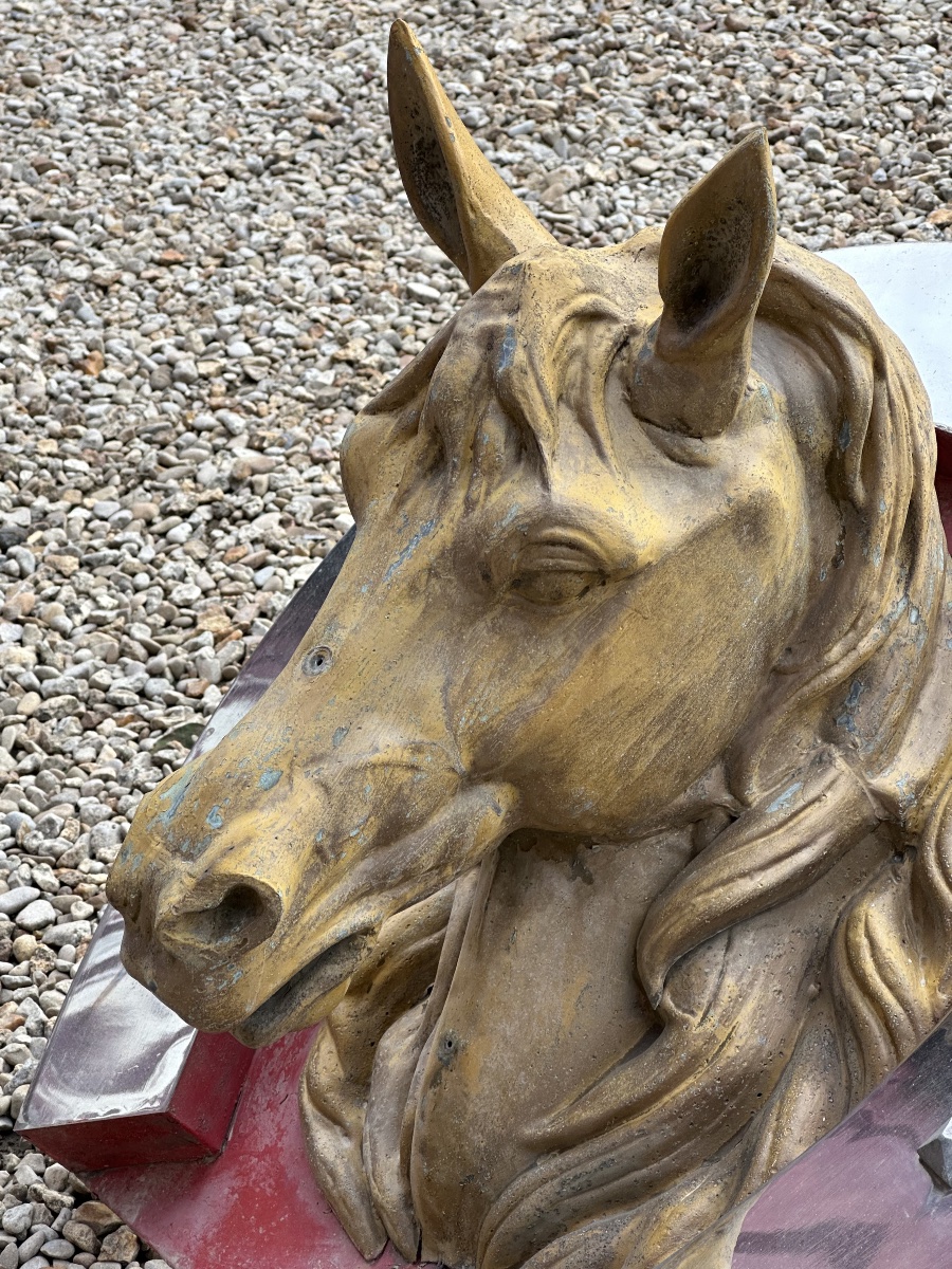 Enseigne chevaline en zinc Tête de cheval dans fer a cheval Début XX eme-photo-3