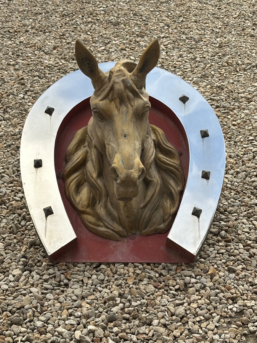 Enseigne chevaline en zinc Tête de cheval dans fer a cheval Début XX eme-photo-6