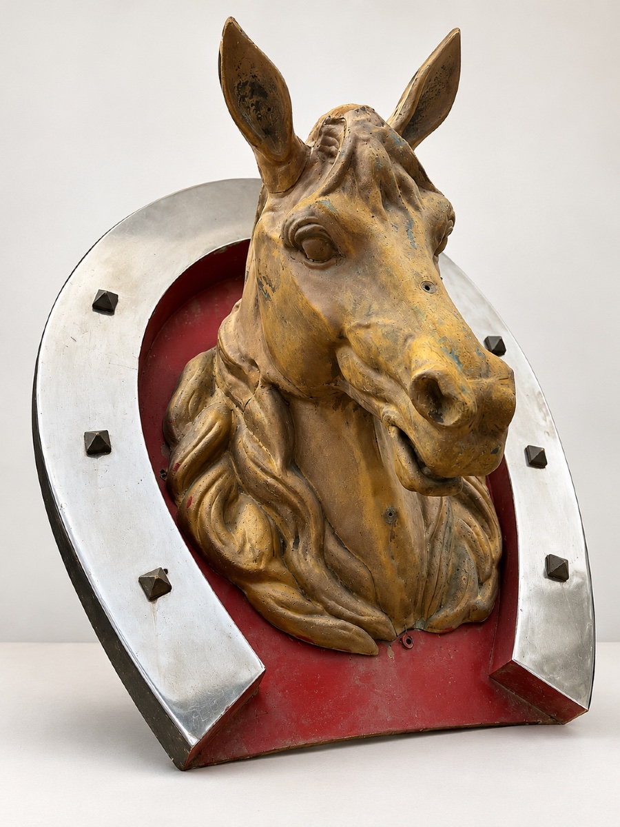 Enseigne chevaline en zinc Tête de cheval dans fer a cheval Début XX eme