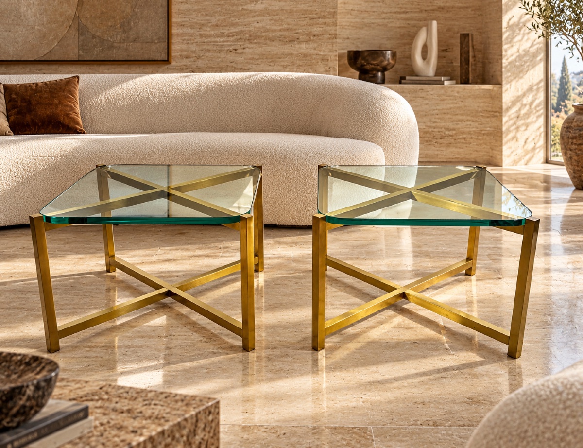 Pair Of Italian Brass And Glass Side Tables From The 1970s-photo-2