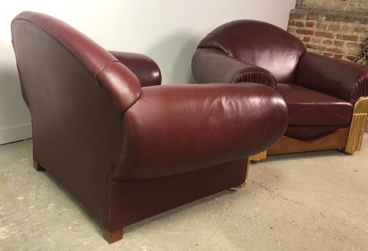 Fauteuils (la Paire) Style Art Déco En Bois Et Cuir Bordeaux 1940-photo-5