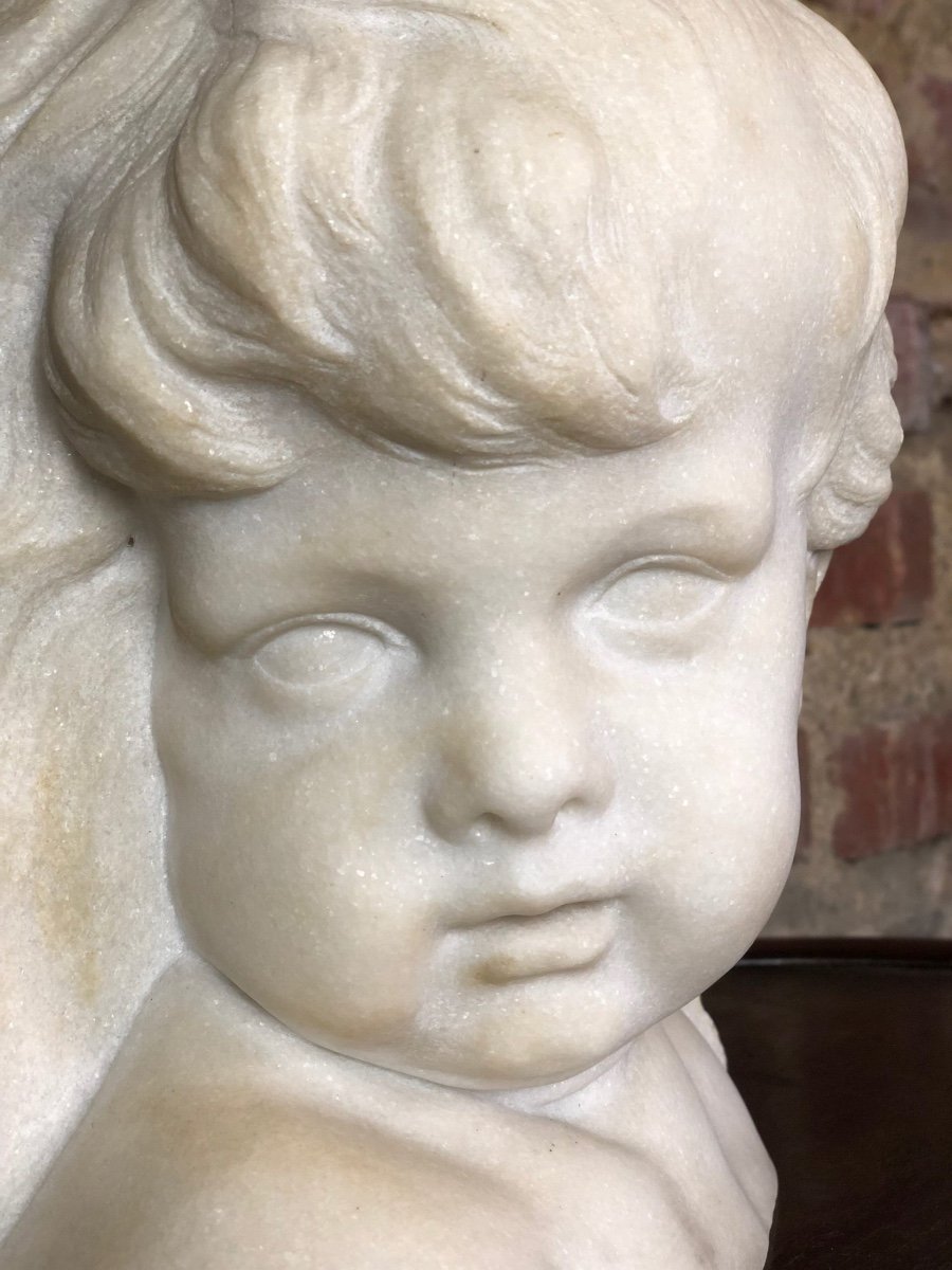 Bust Of Putti (girl) In White Carrara Marble 1940-photo-3