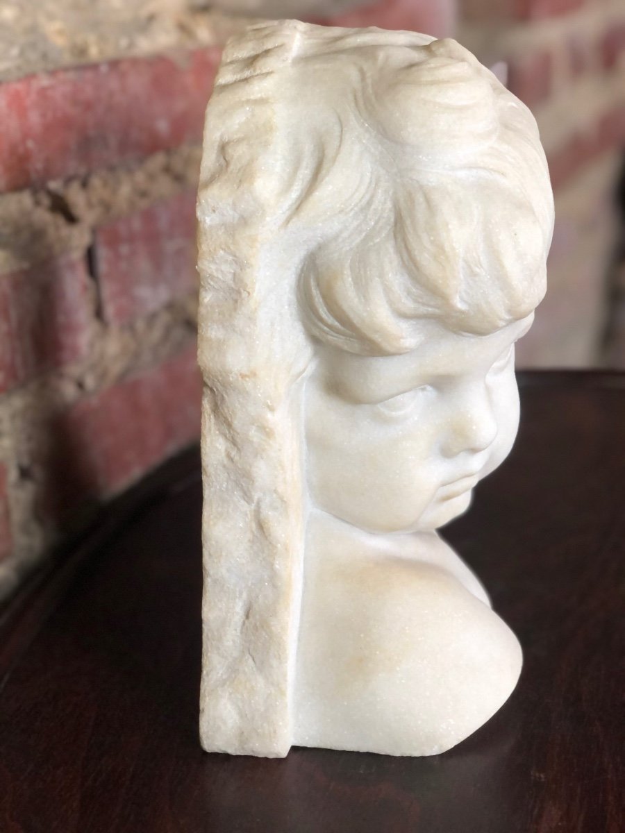 Bust Of Putti (girl) In White Carrara Marble 1940-photo-5