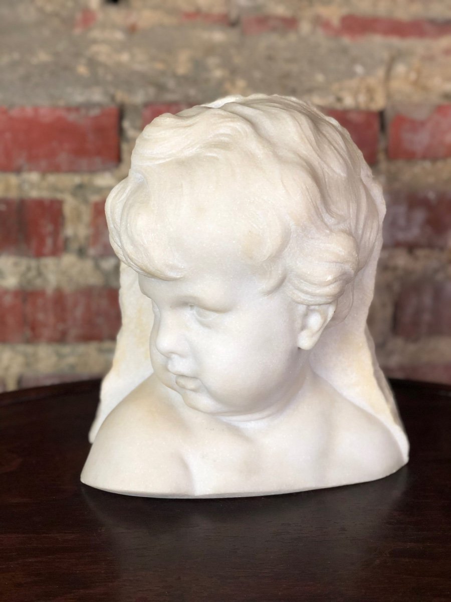 Bust Of Putti (girl) In White Carrara Marble 1940