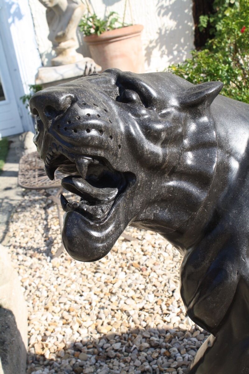 Sculpture Puma / Panthère En Marbre Gris 70'S-photo-4