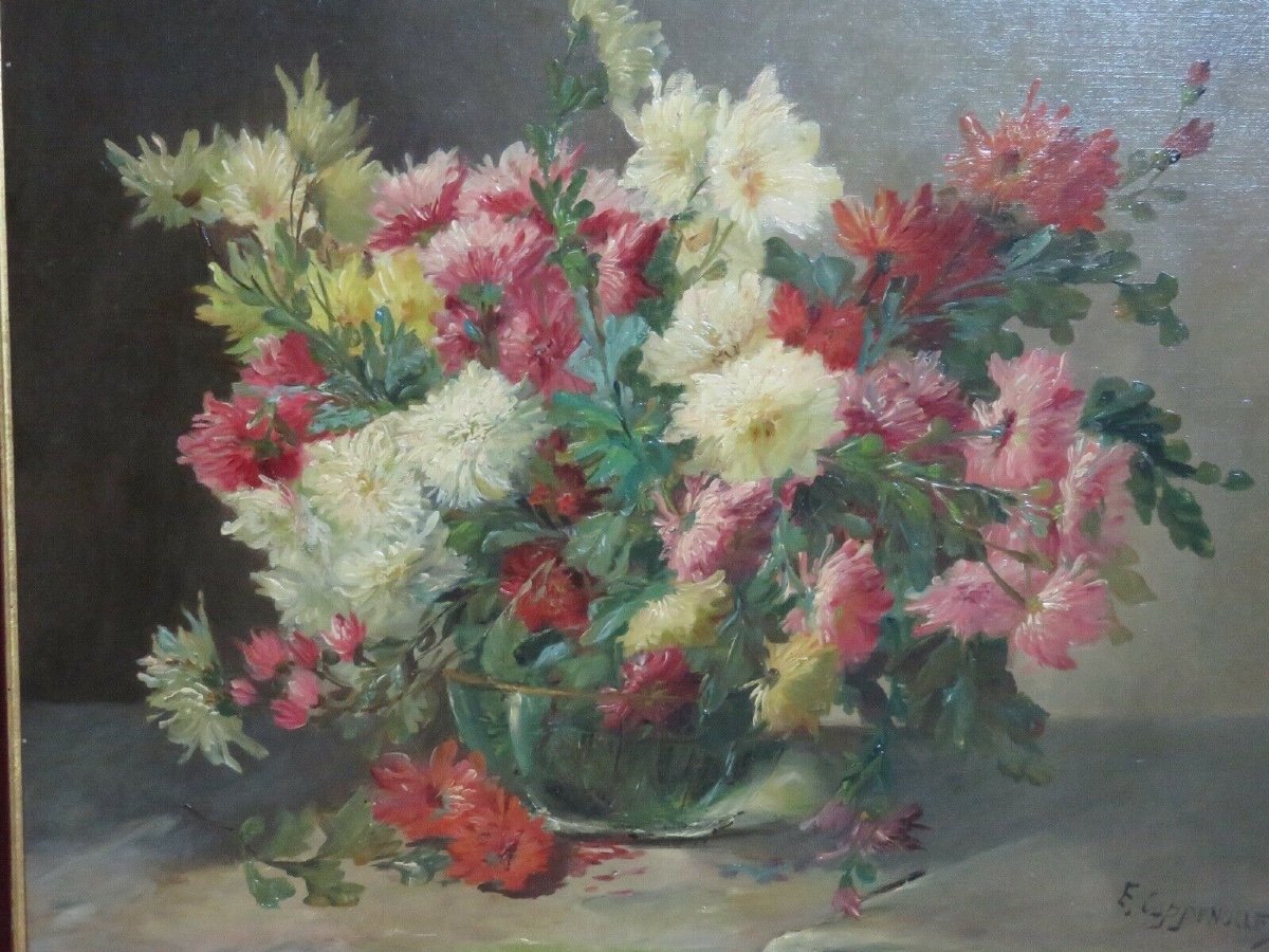 Peinture / Huile Sur Toile Réentoilée Bouquet De Dahlias Signé E. Van Coppenolle-photo-2