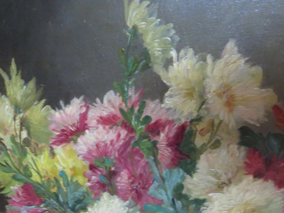 Peinture / Huile Sur Toile Réentoilée Bouquet De Dahlias Signé E. Van Coppenolle-photo-4