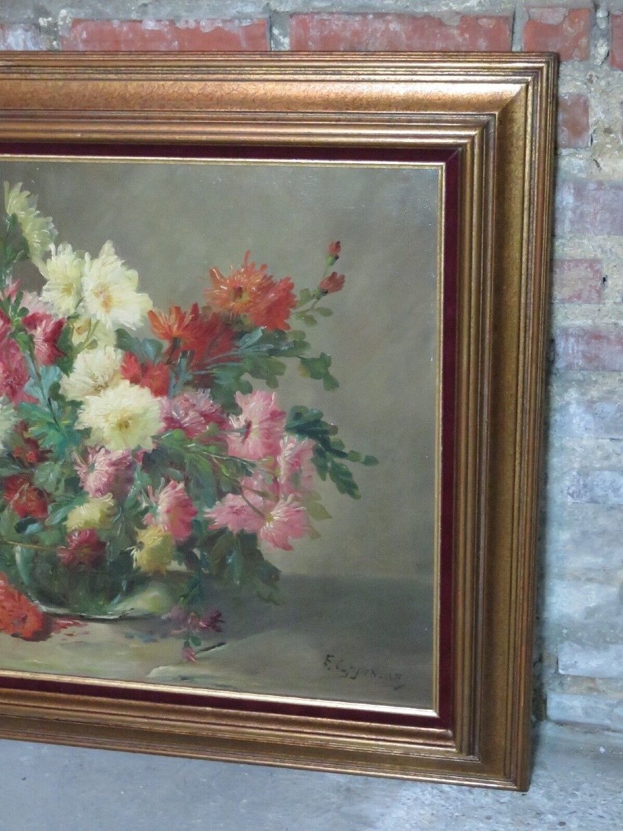 Peinture / Huile Sur Toile Réentoilée Bouquet De Dahlias Signé E. Van Coppenolle-photo-7