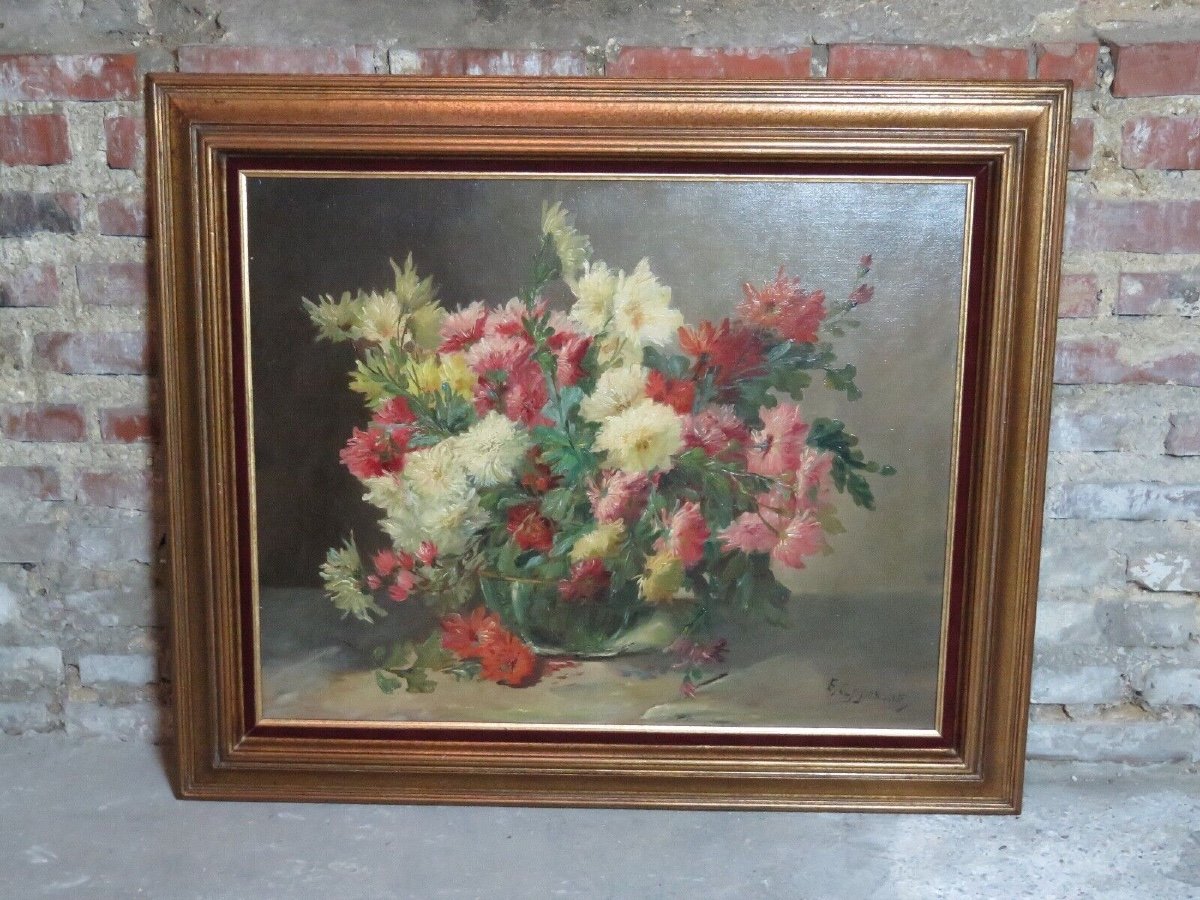 Peinture / Huile Sur Toile Réentoilée Bouquet De Dahlias Signé E. Van Coppenolle